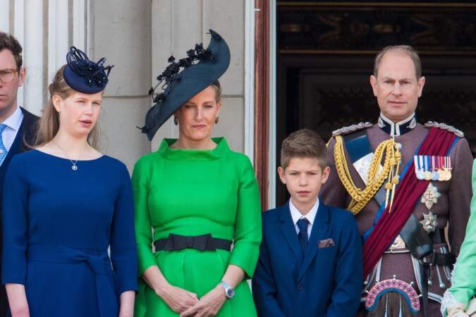 Les Wessex et leurs enfants au balcon du palais de Buckingham lors de la parade Trooping the Colour 2019, célébrant le 93ème anniversaire de la reine Elisabeth II, Londres, le 8 juin 2019.
