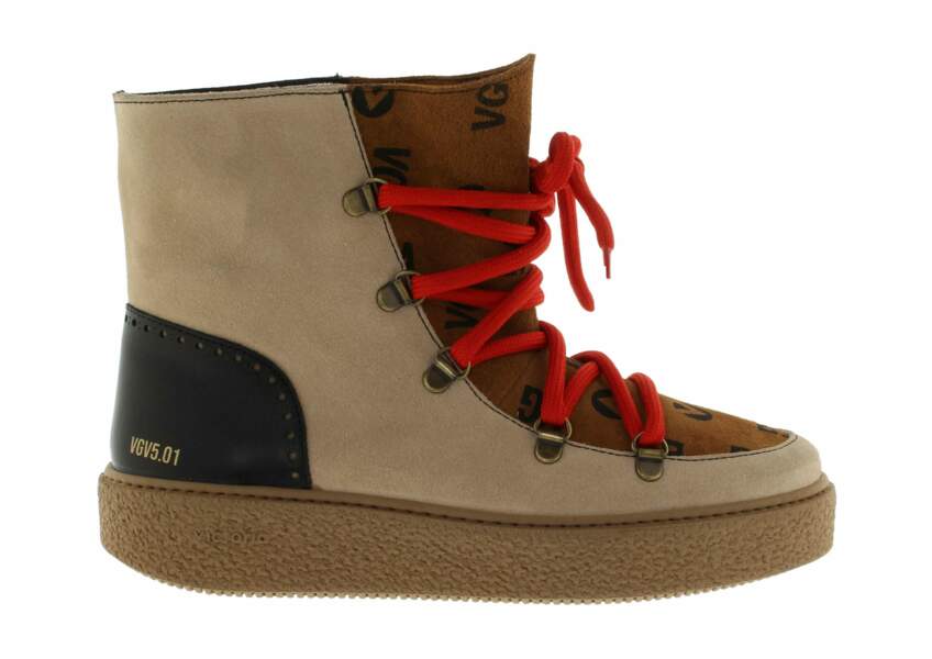 Snow Boots Camel montantes en cuir suédé, 100% cuir et caoutchouc naturel, 135€, Victoria x Valentine Gauthier.
