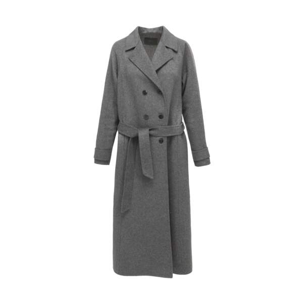 Manteau long gris en laine à nouer, 345 €, IKKS.