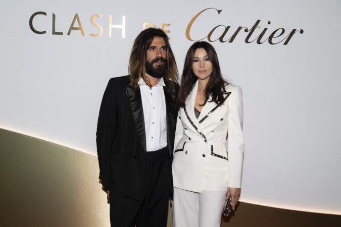 Monica Bellucci et son ex-compagnon Nicolas Lefebvre habillé féminin/masculin à la soirée de lancement du "Clash de Cartier" à Paris en avril 2019