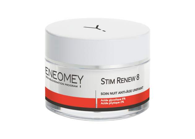 Le soin de nuit Stim Renew d'Eneomey active le renouvellement cellulaire et de stimuler la production de collagène et d’acide hyaluronique.