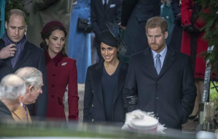 Le prince William, Kate Middleton, Meghan Markle et le prince Harry à la messe de Noël à Sandringham le 25 décembre 2018.