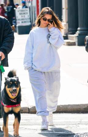 Emily Ratajkowski promène son chien en total look jogging orné d'une paire d'Air Force One