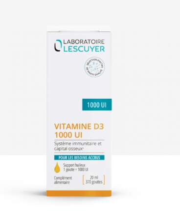 Vitamine D3 1000 UI, Laboratoire Lescuyer, 20 ml, 22,50€, laboratoire-lescuyer.com