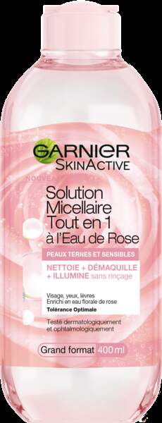 Un flacon 100% recyclable : Eau Micellaire Tout-en-1 à la rose Skinactive, Garnier, 400 ml, 5,20 €, en grande distribution. 