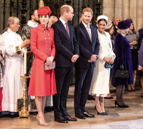 Kate Middleton, le prince William, le prince Harry, et Meghan Markle, lors de la messe en l'honneur de la journée du Commonwealth à l'abbaye de Westminster à Londres le 11 mars 2019.