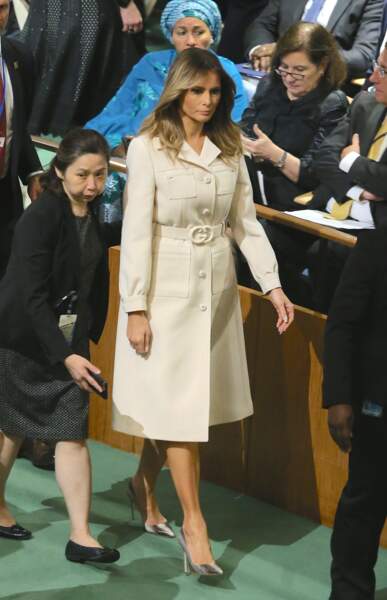 Melania Trump à la 74ème Assemblée générale de l'Organisation des Nations Unies, le 24 septembre 2019. La First Lady arborait pour l'occasion un trench nude ceintré, un intemporel à avoir dans sa garde robe !