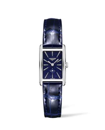 Modèle rectangulaire, collection "Dolce Vita", cadran bleu nuit étoilée - bracelet en cuir, 1 210€,  Longines