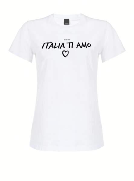 T-shirt à manches courtes en jersey 100 % coton avec inscription "Italia Ti Amo, 60€, Pinko.com 