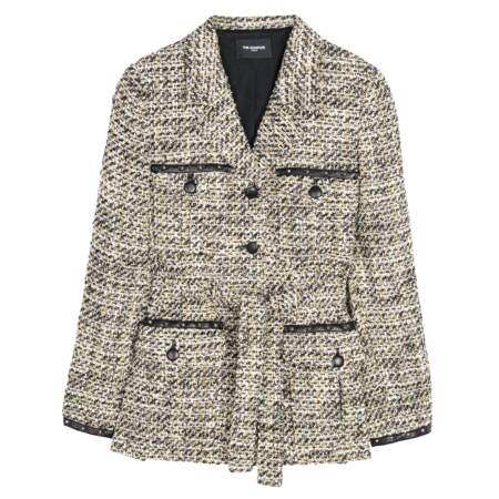 Veste tweed en coton mélangé et détails cuir d’agneau, 415 €, The Kooples.