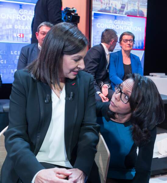 Anne Hidalgo et Audrey Pulvar, lors du grand débat avec tous les candidats à la mairie de Paris sur la chaine LCI, le 4 mars 2020.
