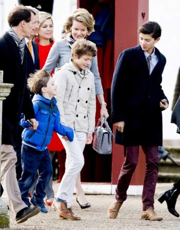 Le prince Joachim de Danemark et ses fils, les princes Nikolai, Felix et Henrik, pour célébrer l'anniversaire (75 ans) de la reine Margrethe II de Danemark, le 16 avril 2015.