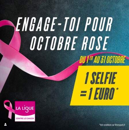 Fitness Park devient partenaire de la Ligue Contre le Cancer : durant tous le mois d’octobre prenez un selfie chez Fitness Park et de le poster sur les réseaux sociaux
avec l’hashtag #MYPINKTRAINING, 1€ sera reversé à l’association