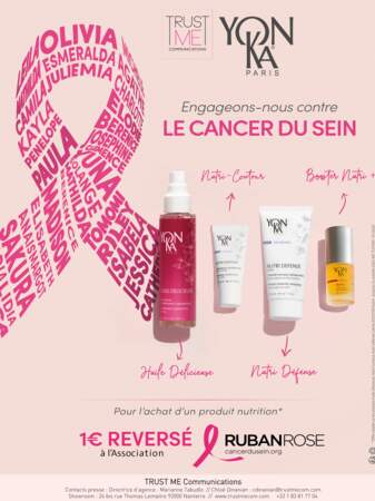 Pour chaque achat de produit de la gamme Nutrition, Yonka reverse 1€ à l’Association « Le Cancer du Sein, parlons-en ».