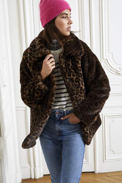 Manteau fausse fourrure imprimés léopard, 99,99€, Etam
