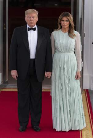 Melania Trump, et son mari, recevant le premier ministre d'Australie Scott Morrison et sa femme à la Maison Blanche, le 21 septembre 2019. 