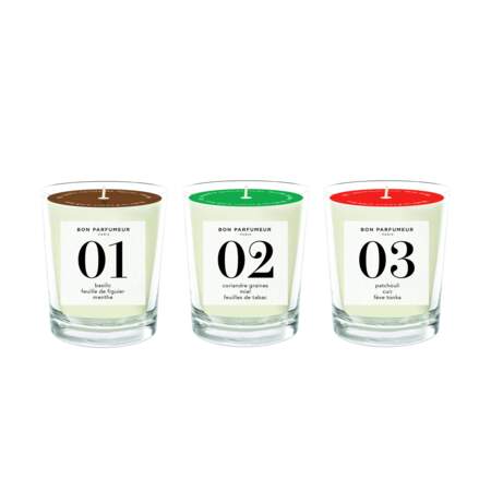 Trio de mini bougies 01,02,03, Bon Parfumeur, 3 x 70 g, 65€, bonparfumeur.Com