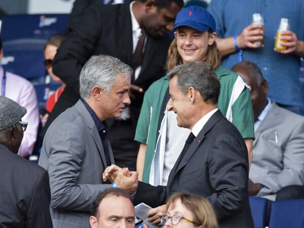 Pierre Sarkozy et Nicolas Sarkozy dans les tribunes lors du quart de finale de la Coupe du Monde Féminine de football, avec l'entraineur de football José Mourinho, au Parc des Princes à Paris, France, le 28 juin 2019.