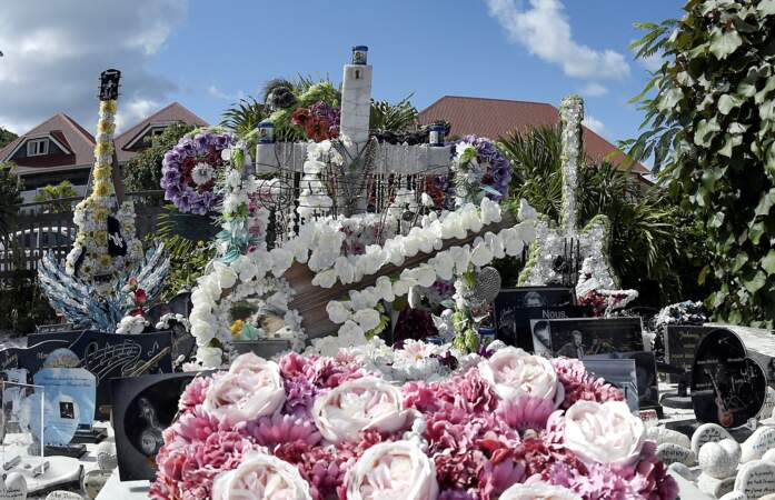 Les fleurs de la tombe de Johnny Hallyday cachent presque les plaques commémoratives