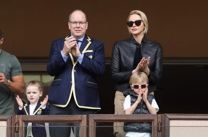 11 mai 2019 : le prince Jacques et la princesse Gabriella avec leurs parents le prince Albert II et la princesse Charlène de Monaco assistent depuis les tribunes du Stade Louis II à la 9ème édition du Tournoi Sainte Dévote de Rugby.