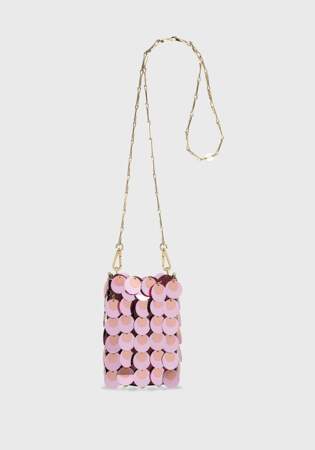 Mini sac à main "Iconic 1969 Sparkle" rose métallisé, 490 euros, Paco Rabanne.