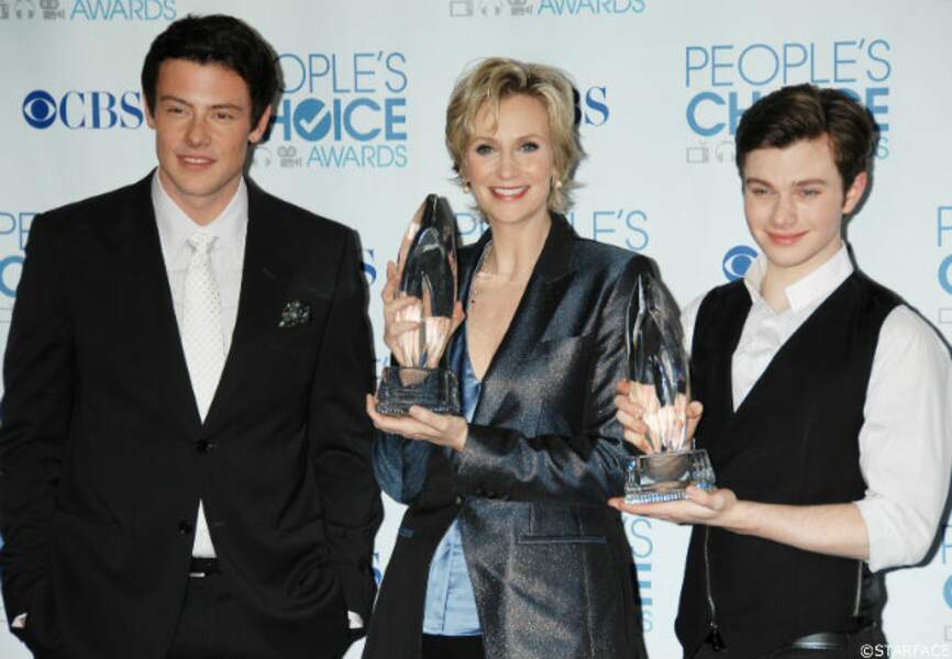 Cory Monteith prend la pose avec Jane Lynch et Chris Colfer, des acteurs de Glee