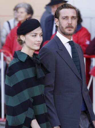 Beatrice Borromeo, très élégante en look tartan signé Dior, son mari Pierre Casiraghi, lors de la Fête nationale  à Monaco, le 19 novembre 2019.