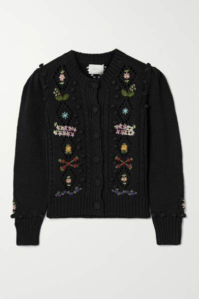 Cardigan en coton et laine mélangés à mailles torsadées et à broderies Forget-Me-Not, 482,15€, Dôen sur Net-à-porter