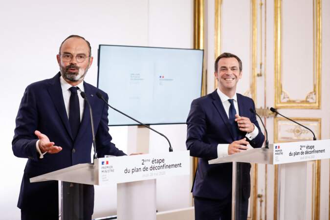 Edouard Philippe et Olivier Véran à l'hôtel Matignon, le 28 mai 2020