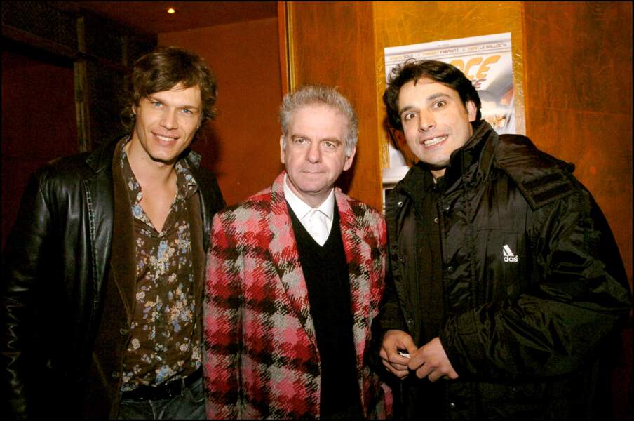 David (Loft Story 2) avec Jacky et Bruno Salomone lors de la première du film "Espace Détente", le 31 janvier 2005.