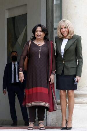 Brigitte Macron en jupe courte avec Pramila Patten Représentante spéciale de l'ONU sur la violence sexuelle dans les conflits armés.