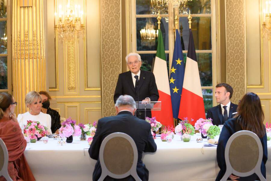 Sergio Mattarella, président de la République italienne, en train de prononcer un discours à l'Elysée, ce 5 juillet 2021. 