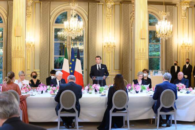 Emmanuel Macron, lors du dîner d'Etat organisé pour le président de la république italienne, ce 5 juillet 2021, au palais de l'Elysée. 