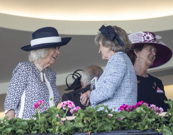 La duchesse de Cornouailles, toute en élégance, en pleine discussion avec les autres invités de la tribune au King George Diamond Weekend.