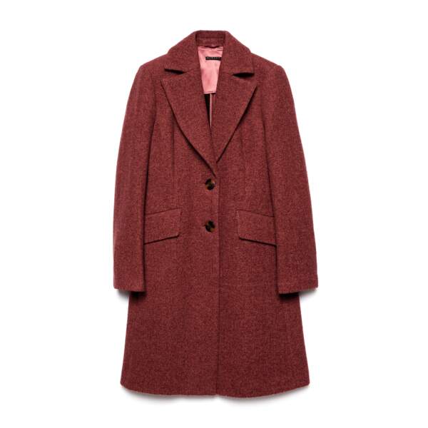 Manteau en laine mélangée terracotta, Sisley, 189 €. 