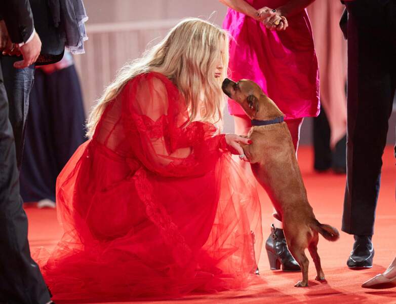 Kate Hudson, très câline avec un chien lors du tapis rouge du film Mona Lisa and the Blood Moon.