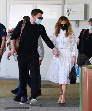 Jennifer Lopez et son compagnon Ben Affleck arrivent à la Mostra de Venise, le 9 septembre 2021.