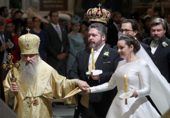 Lors de la cérémonie religieuse, le grand-duc George Mikhailovich de Russie et Rebecca Victoria Bettarini d'Italie se sont prêtés aux rites orthodoxes en la cathédrale Saint-Isaac, le 1er octobre 2021.