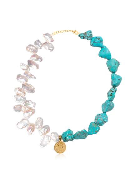 Collier en plaqué or, turquoises et perles Athena, Hermina Athens, 193 €