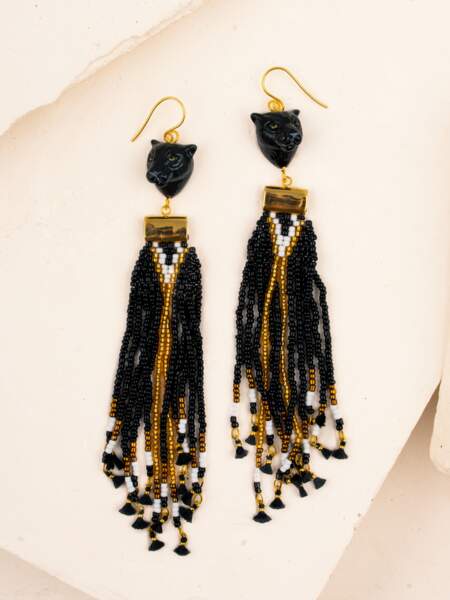Boucles d'oreilles pendantes panthère noire et perles, Nach Bijoux, 144€