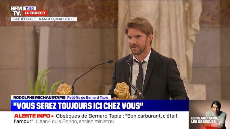 Son petit-fils Rodolphe a prononcé un discours lors des obsèques de Bernard Tapie célébrées en la cathédrale de la Major, à Marseille, le 8 octobre 2021.