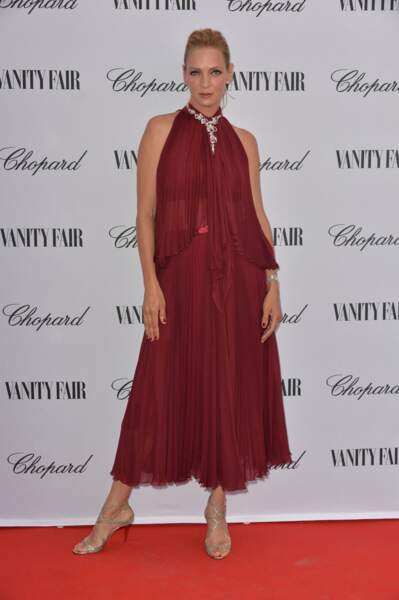 Uma Thurman à la soirée Vanity Fair et Chopard lors du 71ème festival international du film de Venise, le 31 août 2014.