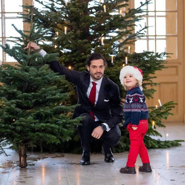 Le prince Carl Philip de Suède et son fils Alexander prennent la pose devant leur sapin, à l'occasion des fêtes de Noël. Vêtu d'un pull en jacquard bleu marine orné de rennes, et coiffé d'un bonnet de père Noël, le bambin alors âgé de 2 ans et son charmant papa ont fait fondre la toile en dévoilant ce craquant cliché sur Instagram, le 17 décembre 2018. 