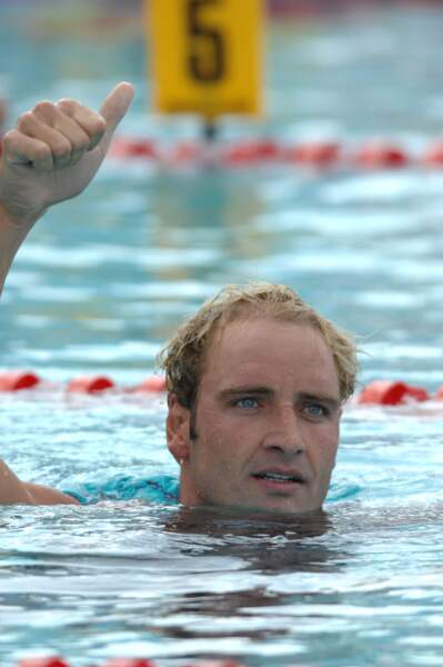 Son autre ex, le nageur Massimiliano Rosolino, lors de la finale de l'EDF Aqua challenge, à Paris. 