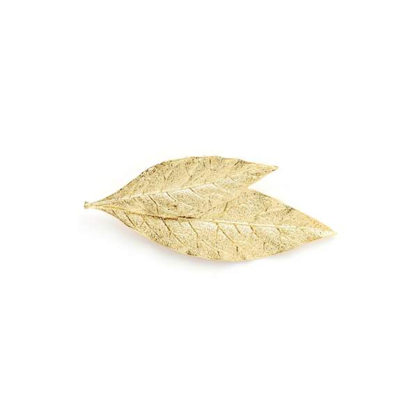 Broche Thalie en laiton doré à l'or fin avec deux feuilles, Monsieur Simone, 69€