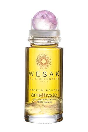 Parfum roll-on en pierre semi précieuse d'Améthyste L’elixir lunaire l’Amethyste, Wesak Paris, 79€ les 50ml sur wesakparis.com