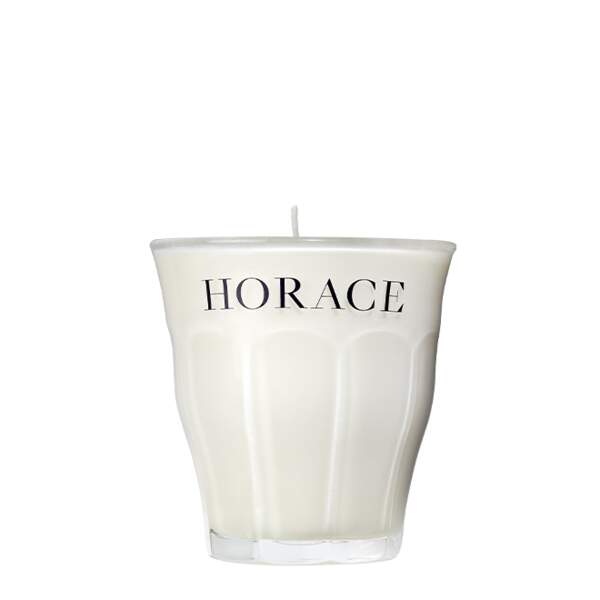 Bougie Horace x Duralex, 18€. Disponible en ligne sur horace.co, et dans les boutiques de Paris, Lyon, Toulouse et Bordeaux.