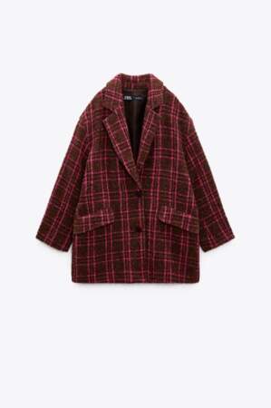 Manteau à carreaux, col à revers et manches longues, Zara, 79,95€ soldé 49,99€