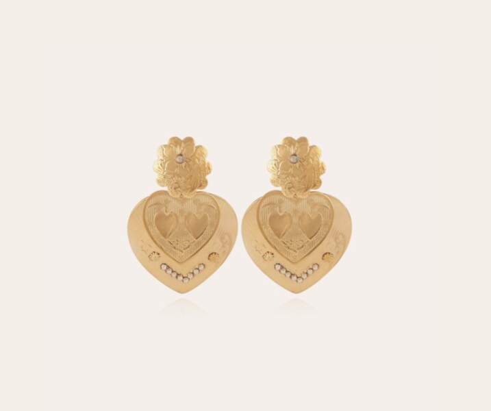 Boucles d'oreilles Love en plaqué or 24 carats et strass, GAS Bijoux, 95€