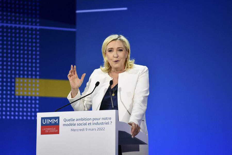 Marine Le Pen a pris la. parole le 9 mars 2022 à La Mutualité à Paris lors de la campagne électorale pour la présidentielle
